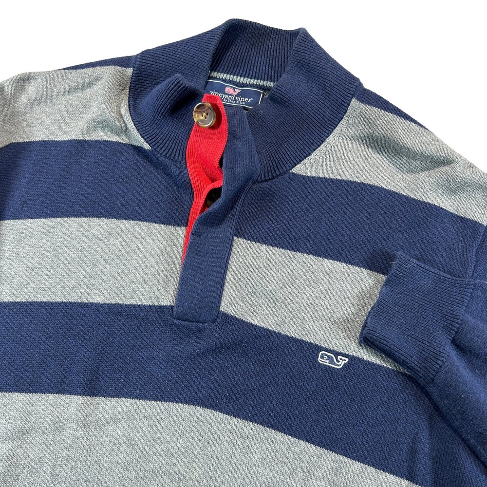 Vineyard Vines Sweater Mens L Blue Gray Striped Mock Neck Button Pullover 1E0197